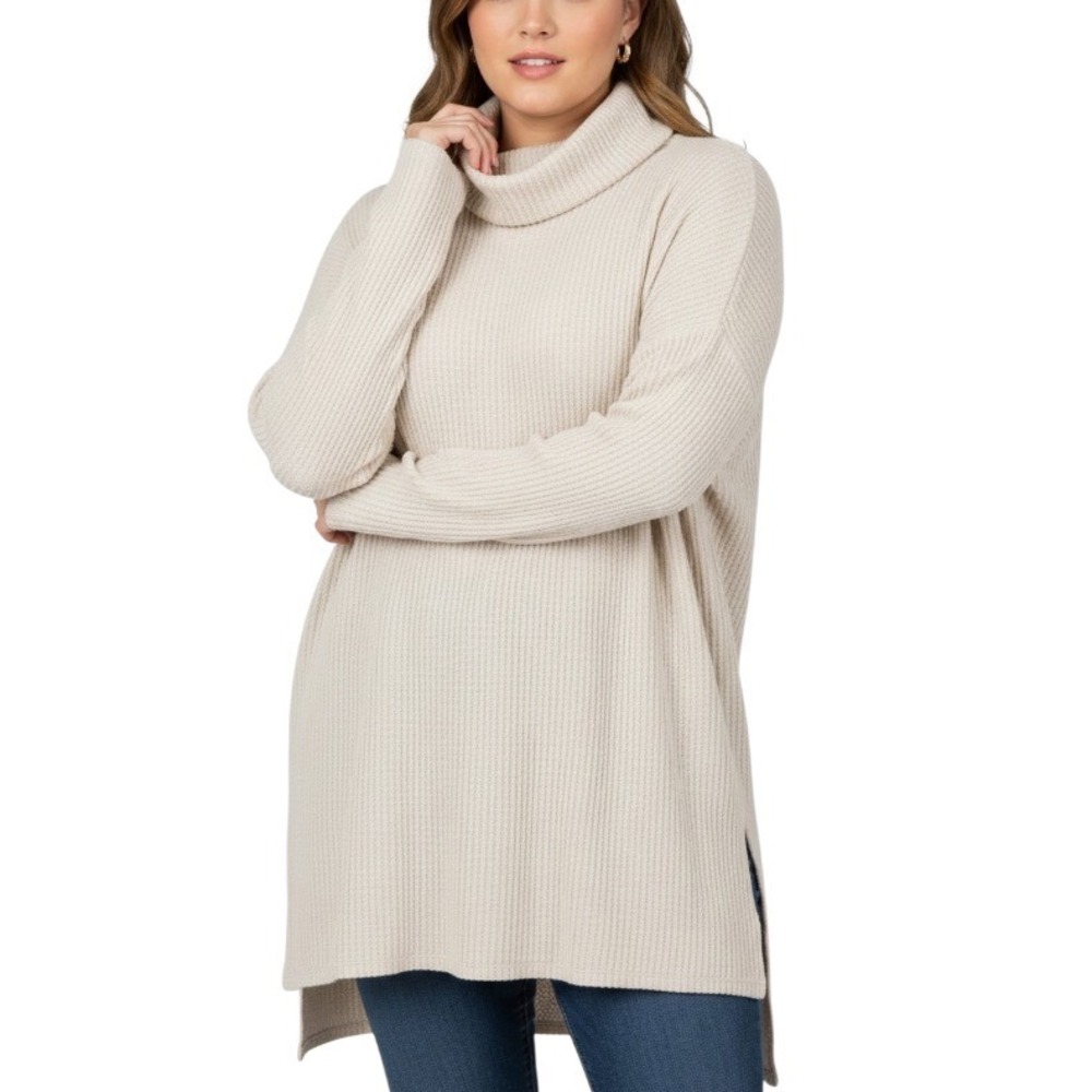 ZENANA Brushed Thermal Ivory WAFFLE KNIT SWEATER TOP Cowl Neck SIDE SLITS sz XL